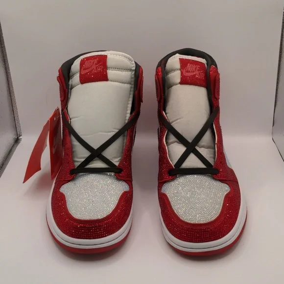 New Custom Crystal Iced Sneakers Red/White/Black Unbranded Bedazzled Sz 6 - Picture 2 of 16